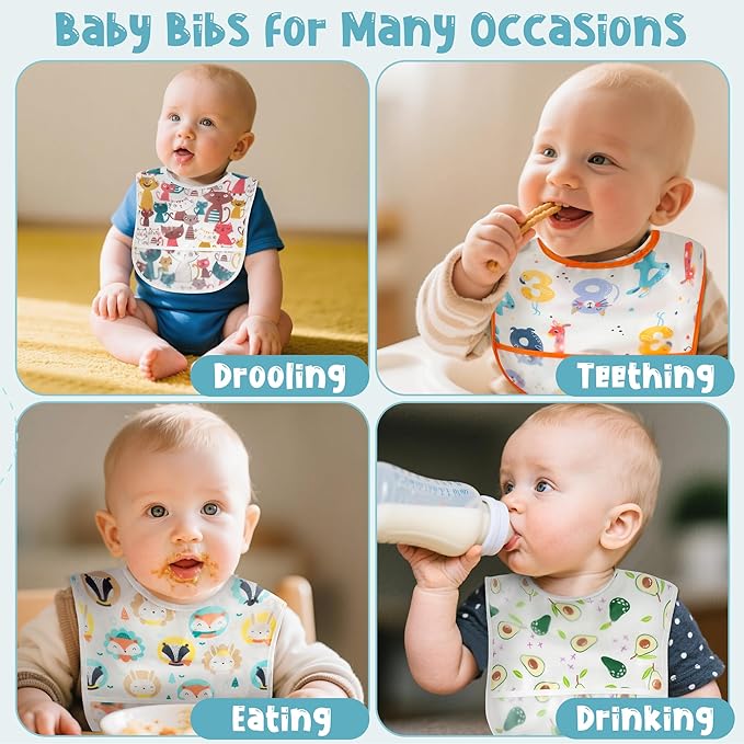 6 Pcs Baby Feeding Bibs Toddler Waterproof Bib Set with Crumb Catcher Pocket Infant Adjustable Baby Teething Bib Babies Food Bibs Keepsake Gift for Baby Shower Christmas New Year, 6-12 Months