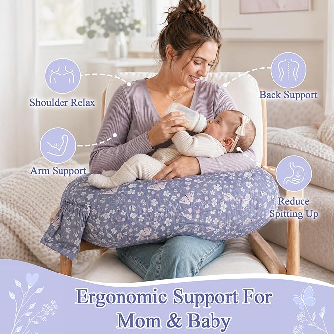 Nursing Pillow, Breastfeeding Pillow with Safety Buckle - Upgraded Design for Breastfeeding & Bottle Feeding, Large Size for Tummy Time & Sitting Support, Breathable Washable Cover