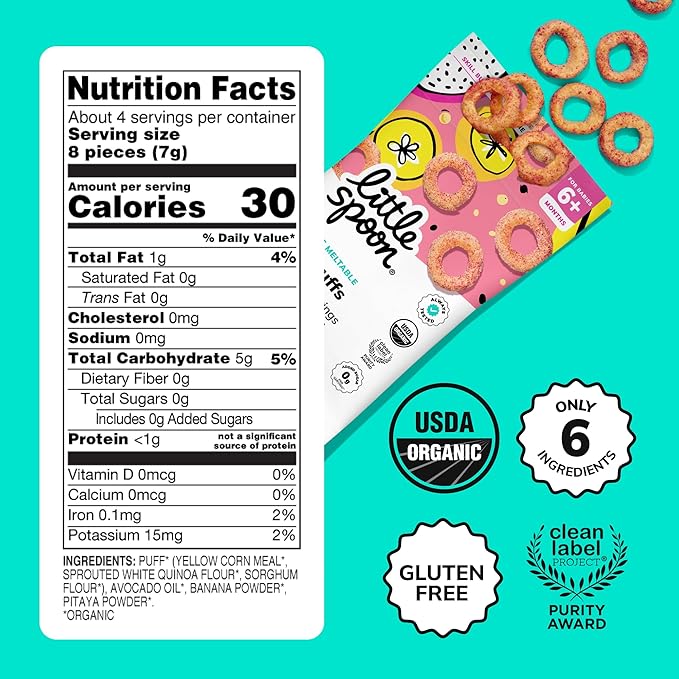 Little Spoon Banana Pitaya Meltable Baby Puffs, Organic Corn Quinoa Sorghum, No Rice, No Added Sugar Snacks, Encourages Self-Feeding, 1 Oz Bag, 4 Pack