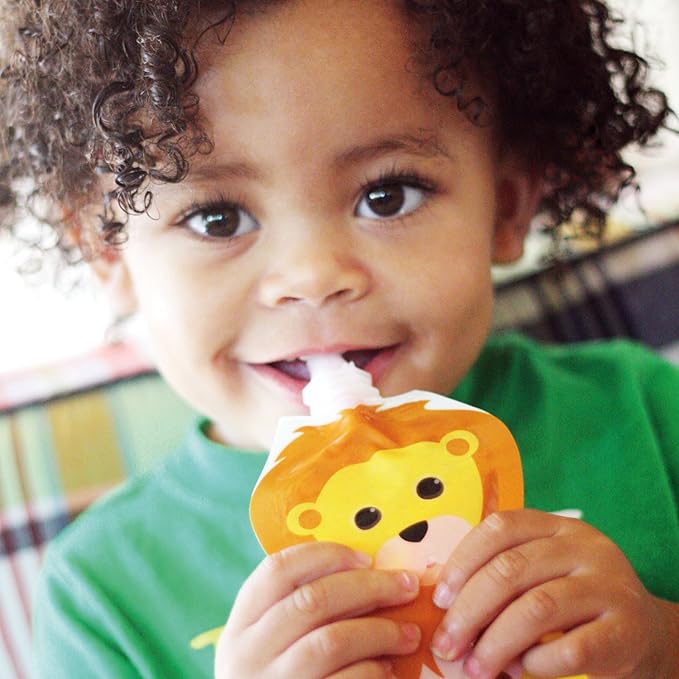 Squooshi Reusable Baby Food Pouches for Toddlers | Design Patented | Refillable for Yogurt, Applesauce, Smoothies & Puree | 12 Pack | 5oz | BPA Free, Food Safe, Freezer Safe | Assorted Animals