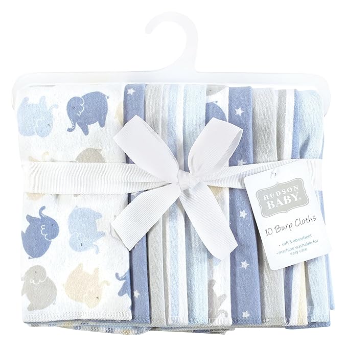 Hudson Baby Unisex Baby Cotton Flannel Burp Cloths 10-Pack, Multi Color Boy Elephant, One Size
