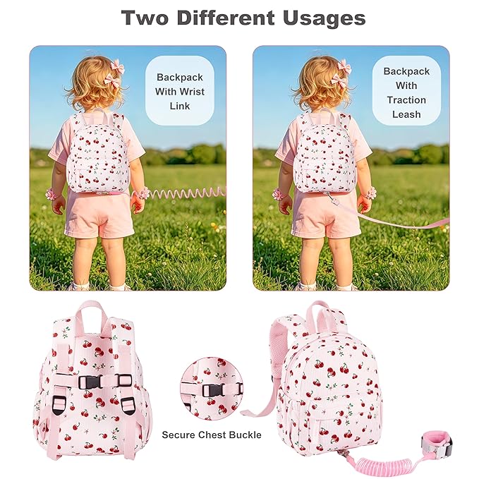 Corduroy Toddler Backpack with Detachable Leash and Anti-Lost Wrist Link, Safety Harness Walking Backpack for Toddler Boys Girls 1-3, Cute Cherry Travel Backpack with Leash for Kids