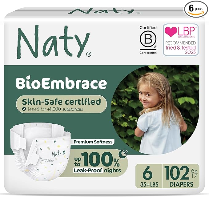 Naty BioEmbrace Baby Diapers | Sensitive Skin Safe Certified | Leak Protection up to 100% | Plant-Based Softness, Premium Comfort | Chlorine-Free | Size 6 (35+ lbs), 102 Count