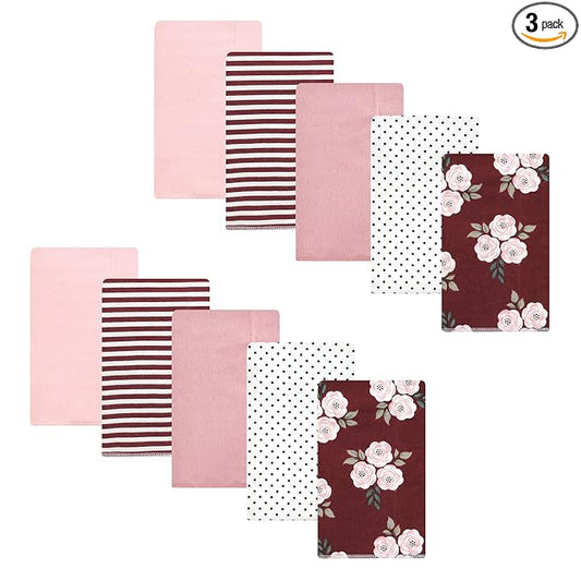 Hudson Baby Unisex Baby Cotton Flannel Burp Cloths, Burgundy Floral, One Size