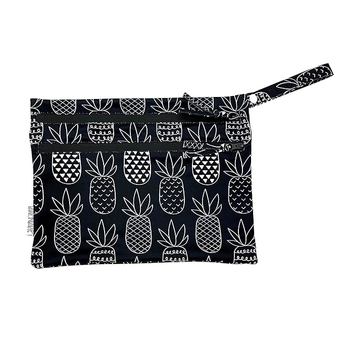 BapronBaby Pineapple Monochrome Wet Dry Bag - Waterproof Two Zipper Pockets - Reusable for Mealtime, Diapers, Stroller, Snacks, Swimsuits - Machine Washable - 11" x 9"
