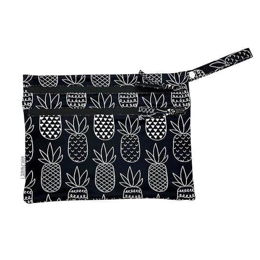 BapronBaby Pineapple Monochrome Wet Dry Bag - Waterproof Two Zipper Pockets - Reusable for Mealtime, Diapers, Stroller, Snacks, Swimsuits - Machine Washable - 11" x 9"