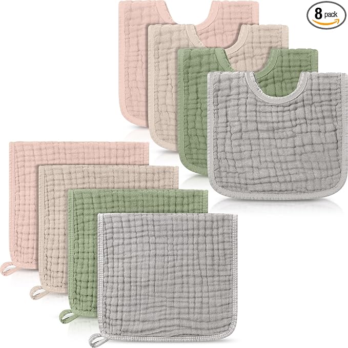 Tallew 8 Pack Muslin Burp Cloths and Baby Bibs for Boy Girl 20" x 10" Cotton Baby Bandana Drool Bibs Muslin Burp Cloths Absorbent Rag for Newborn Toddler Infant Gifts(Vivid Color)