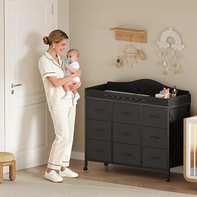 YeTom Baby Changing Table with 9 Fabric Boxes, Waterproof Diaper Changing Station & Pad, Mobile Nursery Diaper Changing Table, Baby Furniture, Black