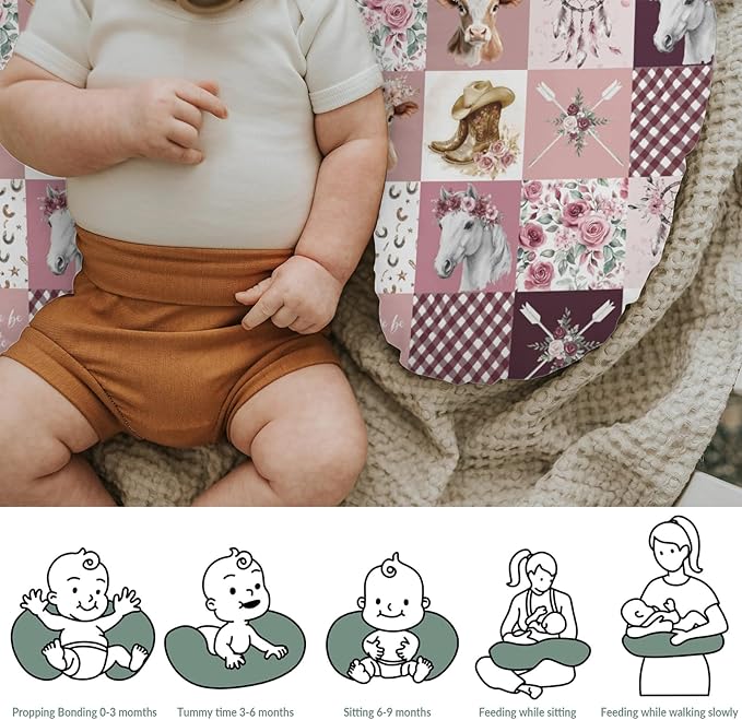 Pink Cowgirl Horse Cow Roses Baby Nursing Pillow Covers for Girl Tribal Dreamcatcher Arrows Nursing Slipcovers for Breastfeeding Pillows Western Cowgirl Boots Soft Stretchy Cover for Newborn Infant