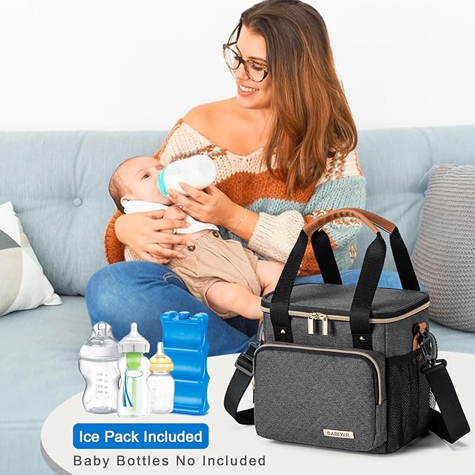 Breastmilk Cooler Bag with Ice Pack Fits 6 Baby Bottles up to 9 Ounce, Breast Milk Pump Cooler Bag for Nursing Mom Daycare, Work, Travel-Dark Grey