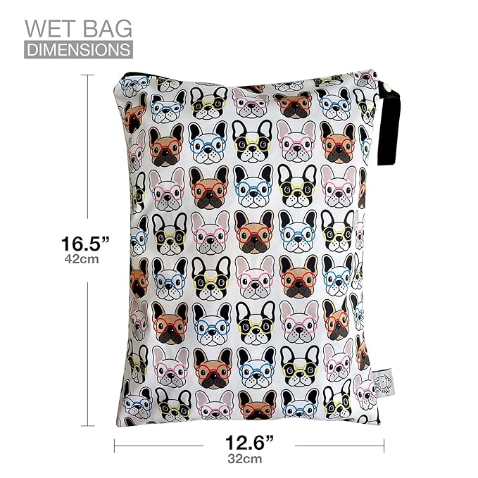FLOCK THREE Washable and Reusable Wet Bag Diaper Bag Water Resistant Swimming Bag Travel Toiletries Pouch Pugs Dog Print Zippered 12.6'' x 16.5''