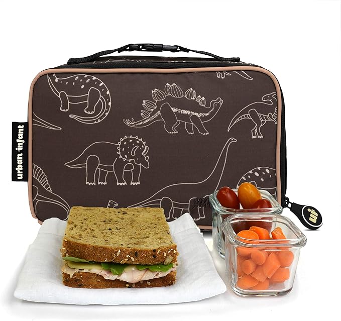 Urban Infant Yummie Kids Lunch Box Insulated Bag - Toddler Boys and Girls – Perfect for Daycare Preschool Travel Snacks – Allergy Alert Cards - Fits Bento Boxes - Dinosaurs