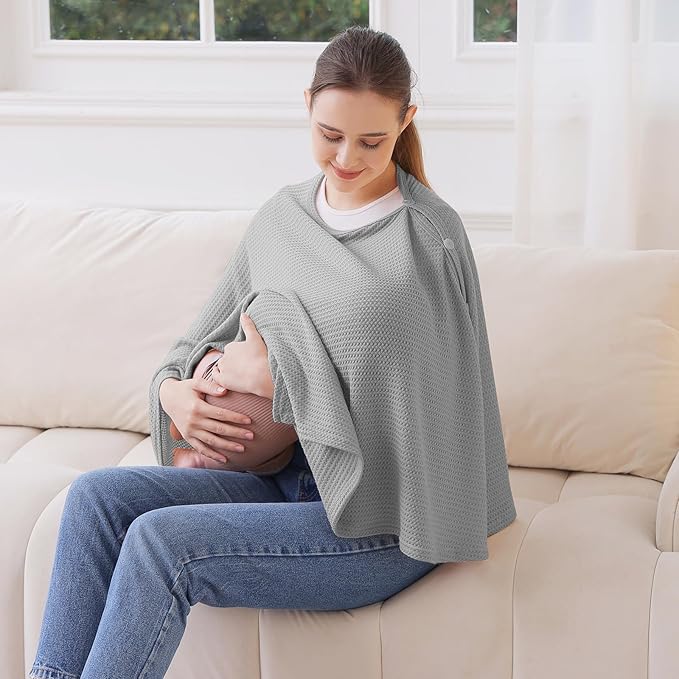 Knit Nursing Cover for Baby Breastfeeding, Breathable and Soft, Wide Neck with Stretch for Easy View (Grey)