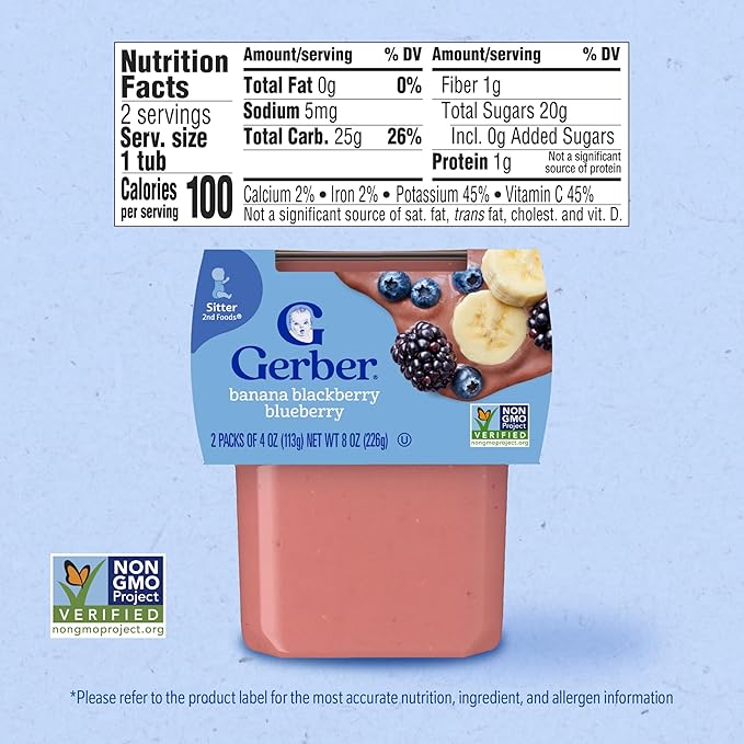 Gerber Stage 2 Baby Food, Banana Blackberry Blueberry Puree Tubs, No Artificial Colors or Flavors, Baby Puree, 16-Pack