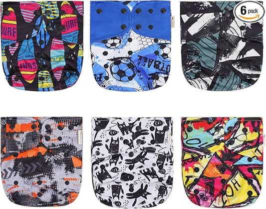 6pcs one-fit-All Design Waterproof Cloth Diaper Shells with Grey Polar Fleece Inner for Baby Girls and Boys (Without Insert