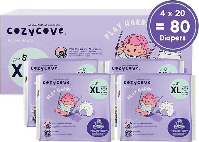 Cozycove Size 5 XL (20-31 lbs) Pull Up Training Pants | Totally Chlorine Free, Fragrance Free, Wetness Indicator | Play Hard Slim Active Pants | 80 Count (4 Bags of 20)