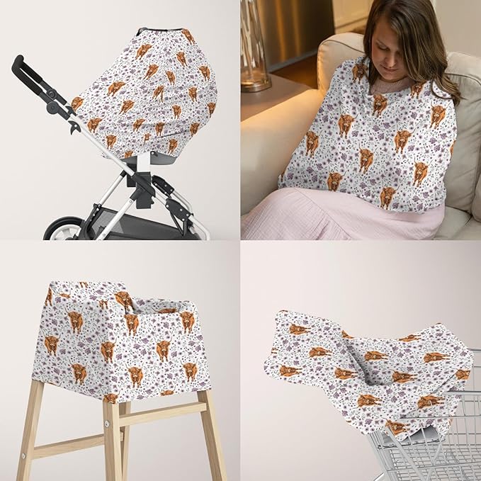 5-in-1 Unisex Western Farm Animals Cow Pattern Baby Carseat Stroller Cover for Boys Girls, Highland Cow Flowers Infant Toddler Privacy Nursing Breastfeeding Canopy, Grocery Shopping Cart Cover-24x28