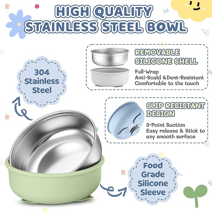 E-far Stainless Steel Baby Bowls with Suction, 4 Pack Removable Colorful Silicone Sleeve Toddlers Kids Bowl, Non-Toxic Snack Container for Baby Food Feeding, Non-Slip & Unbreakable, Dishwasher Safe