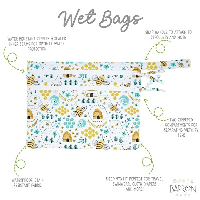 BapronBaby Busy Bees Wet Dry Bag - Waterproof Two Zipper Pockets - Reusable for Mealtime, Diapers, Stroller, Snacks, Swimsuits - Machine Washable - 11" x 9"