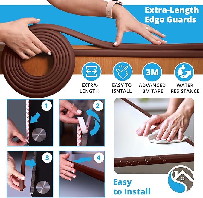 Premium 12ft Edge Protector for Baby, Odorless & Waterproof Foam Cushion with 3M Adhesive Tape, Non-Toxic to Baby Proof Corners and Edges, Wall Corner Protector & Desk Edge Cushion Brown