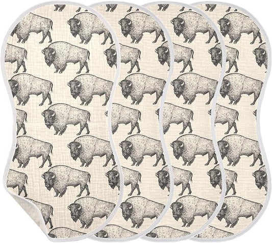 Muslin Burp Cloths for Baby Boys and Girls - 4-Pack Ultra Absorbent North America Bison Muslin Washcloths, Newborn Towel, Milk Spit Up Rags, Burp Cloth Bib for Unisex, 22 x 11 Inch
