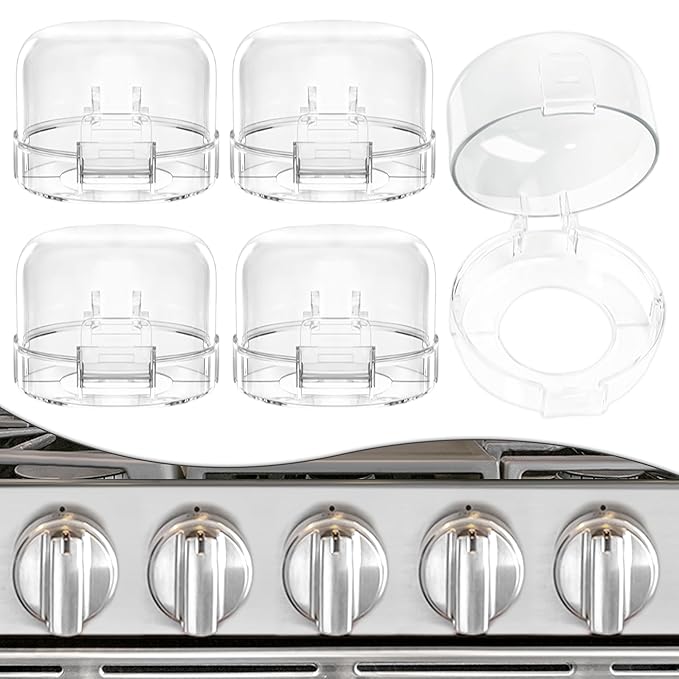 5 PACK Stove Knob Covers for Child Safety, Childproof Gas Stove Knob Locks, Stove Oven Knob Safety Covers with Adhesive, for Kids and Pets, Heat-Resistant, Clear View (Upgraded - Transparent)