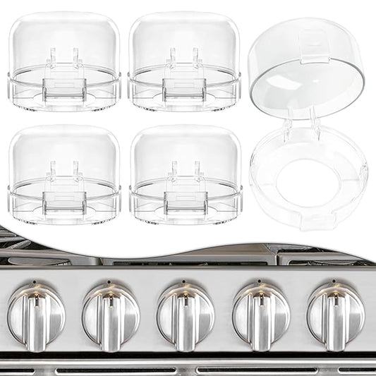 5 PACK Stove Knob Covers for Child Safety, Childproof Gas Stove Knob Locks, Stove Oven Knob Safety Covers with Adhesive, for Kids and Pets, Heat-Resistant, Clear View (Upgraded - Transparent)