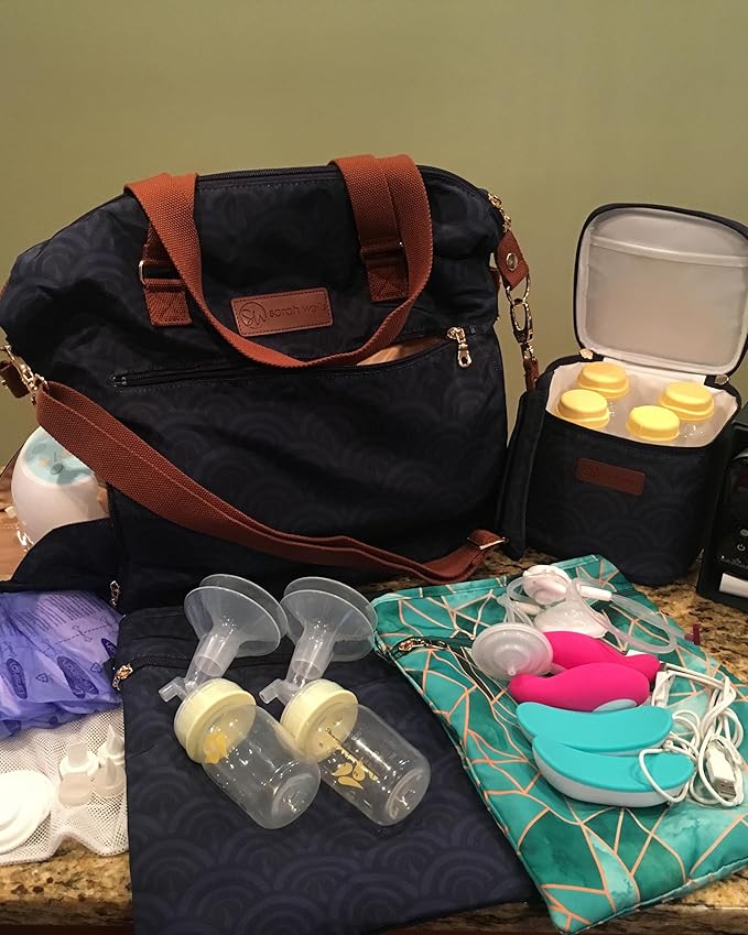 Sarah Wells Lizzy Breast Pump Bag – Stylish Pump Tote with Insulated Cooler Pocket, Laptop Sleeve – Fits Portable Pumps & More – Easy-Clean, Lightweight Breastfeeding Bag (Deco)
