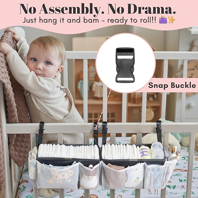 Diaper Caddy Organizer for Crib, 2-Pack Hanging Diaper Stacker Nursery Storage Bags - Large Capacity for Baby Essentials - Hold 50+ Diapers，Made of Washable Durable Oxford Fabric（Snap Buckle）