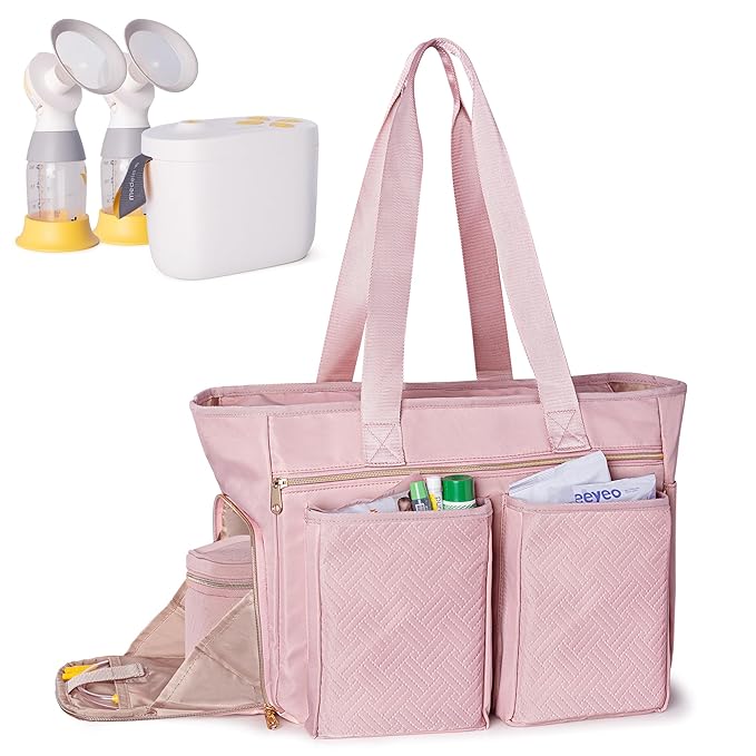 Fasrom Wearable Breast Pump Tote Bag Compatible with Medela Pump in Style and Accessories, Pumping Bag with 15.6” Laptop Sleeve for Work Moms to Carry Pump Parts, Pink (Patent Design, Empty Bag Only)