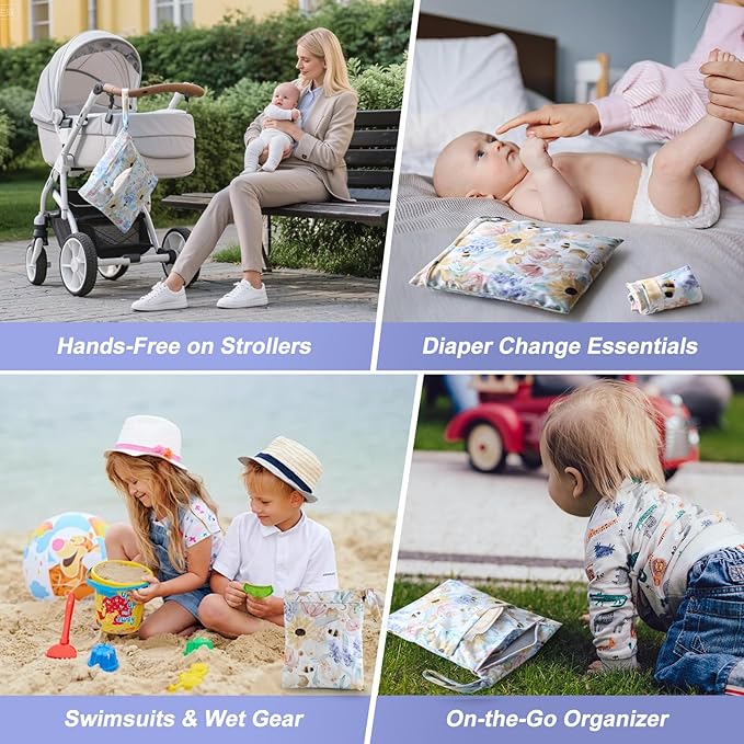 3 PCS Waterproof Wetbag, Wet Bags for Baby Cloth Diapers and Soiled Clothes, Reusable Wet Bag for Swimsuit and Towels with Double Zipper Pockets, Travel Beach Pool Essentials