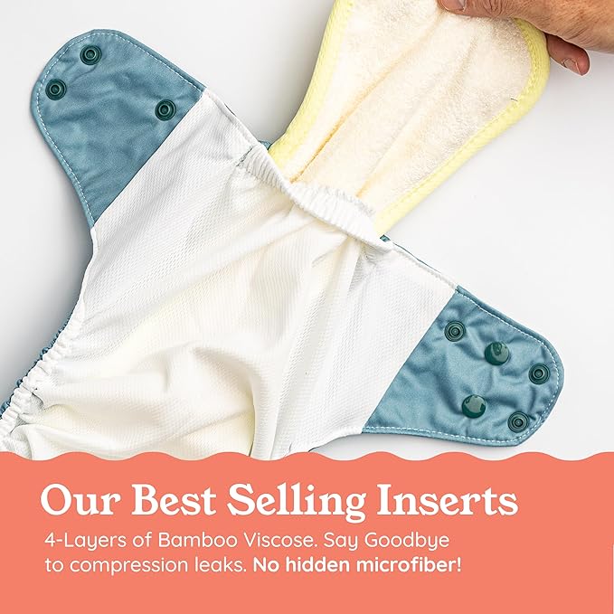 Kinder Cloth Diapers Reusable Baby Diapers Pocket Style Athletic Wicking Jersey, Bamboo Viscose Inserts, Wet Bag, Newborn to Potty Training 7-60lbs, One Size (Serene Sunrise, 10 Pack, with Inserts)