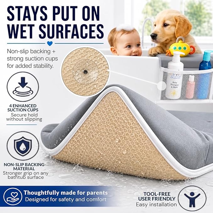 Comfortable Baby Bath Kneeler and Elbow Rest Pad Set, Non-Slip Bathtub Kneeling Pad for Bathing Baby, Bath Tub Cushion Mat, Elbow Pads, Toy Organizer Storage Pockets, Strong Suction Cups (Lua Gray)