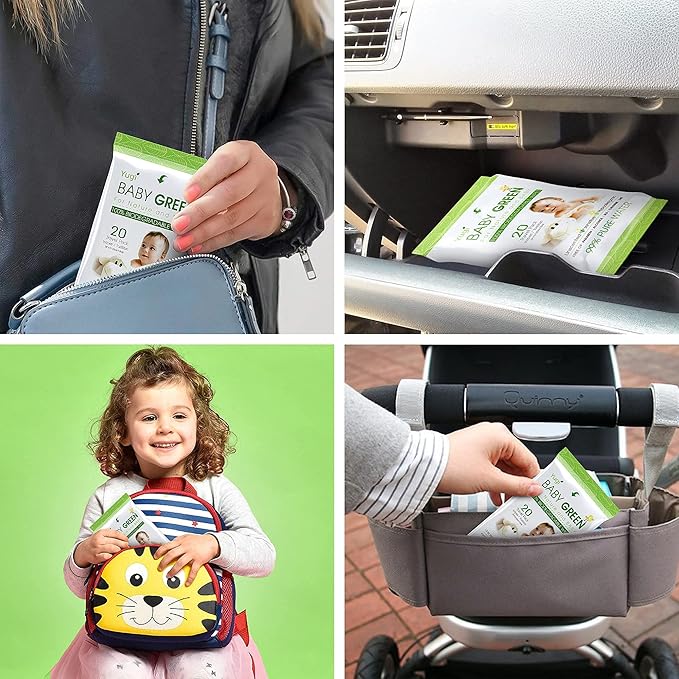 Baby Green Wipes Unscented compostable Organic Biodegradable – Travel Pack (12 Packs of 20) 240 for Sensitive Skin
