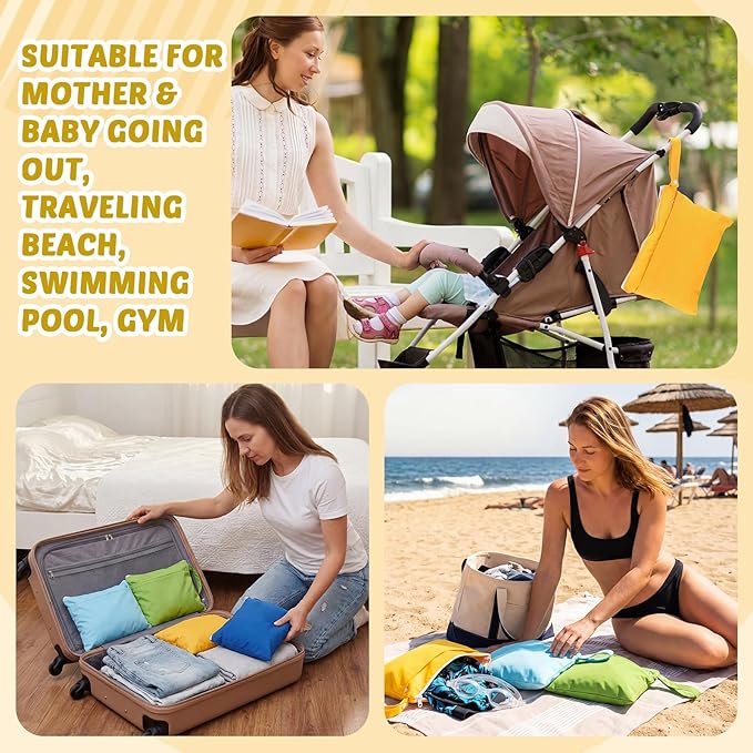Shappy 4 Pieces Wet Dry Bag for Baby Cloth Diapers Wet Diaper Bag Washable Travel Bags Reusable with 2 Pockets for Pool Yoga Gym Travel Beach Swimwear Clothes(Blue & Green)