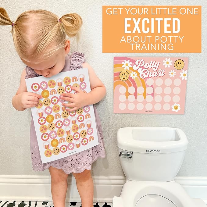 Hadley Designs Potty Training Chart for Toddlers Girls -10 Sticker Potty Chart for Toddlers Girls, 8.5x11" Potty Training Sticker Charts for Toilet Success, Retro Toddler Reward Chart for Kids