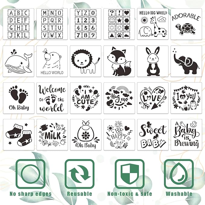 SytuHe 95 Pcs DIY Baby Bibs Decorating Kit50 White Bibs 24 Stencils 20 Fabric Markers 1 Baby Shower Game Sign