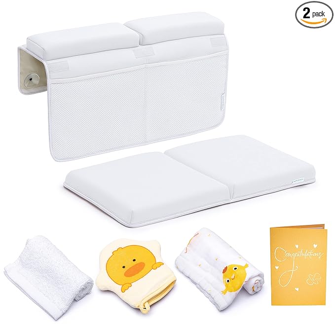 Bath Kneeler and Elbow Rest Pad, Extra Thick Baby Bath Kneeling Pad and Elbow Pad for Bathtub. Bath Tub Elbow Pad with Infant Toy and Baby Accessories Organizer, Off White Color