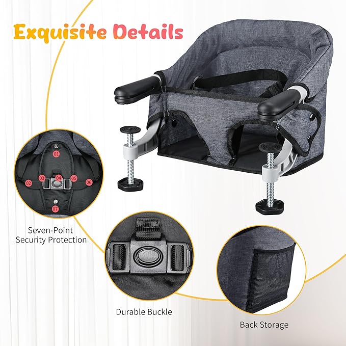 Hook On High Chair for Babies 6-36 Months | Secure & Portable Foldable Travel High Chair | Clip On Baby Feeding Seat with Non-Slip Aluminum Clamp, Detachable Washable Cover & Carry Bag (Grey)