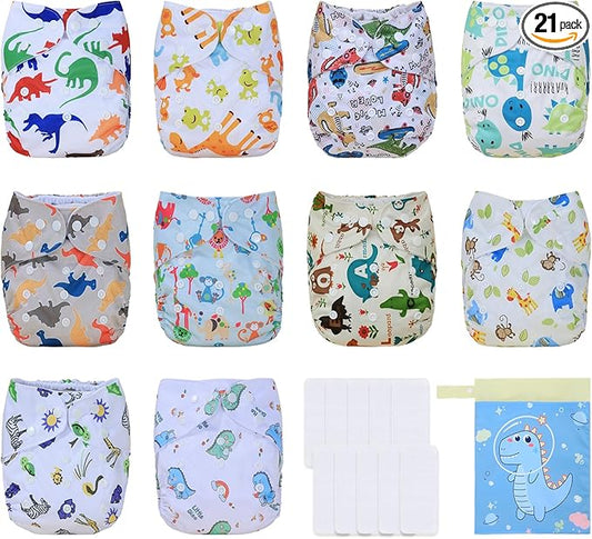 TDIAPERS Cloth Diaper Covers Reusable Washable Pocket Diapers One Size Adjustable for Baby 10 Pack with 10 Pcs Microfiber Inserts, 1 Wet Bag