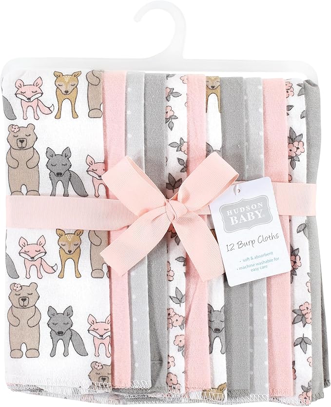 Hudson Baby Unisex Baby Cotton Flannel Burp Cloths Bundle, Wild Forest Pink, One Size