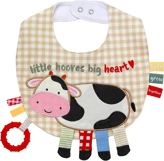 Baby Starters Embroidered Activity Bib with Teether, Crinkle, Touchable Ribbons, Farm Theme, Multicolored Cow