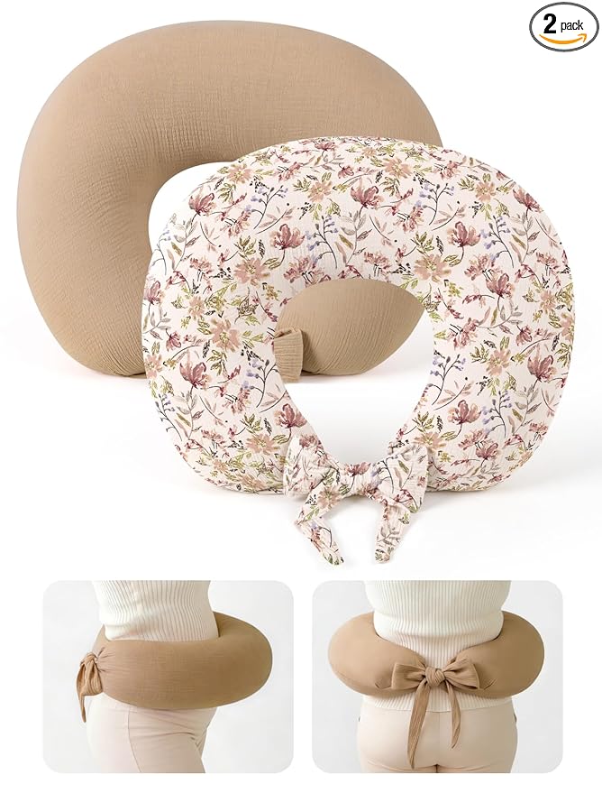 lulumoon Muslin Nursing Pillow Covers - 2-Pack Cotton Slipcovers for Breastfeeding Pillow - Extended Adjustable Strap for Secure Fit & Stable Support - Hidden Zipper Safety for Bottle-Feeding