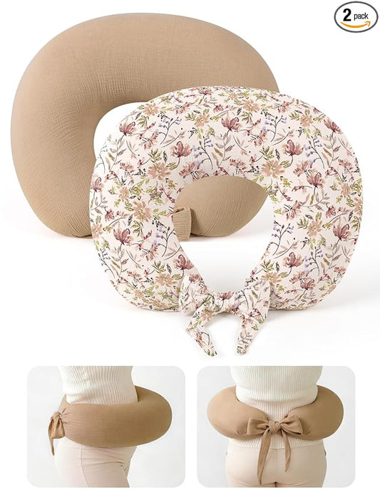 lulumoon Muslin Nursing Pillow Covers - 2-Pack Cotton Slipcovers for Breastfeeding Pillow - Extended Adjustable Strap for Secure Fit & Stable Support - Hidden Zipper Safety for Bottle-Feeding