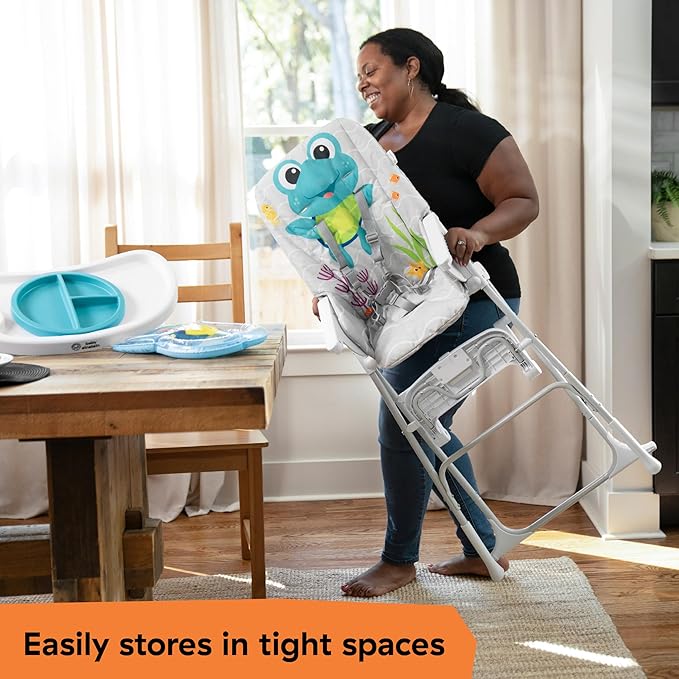 Baby Einstein Ocean Explorers Snack & Splash Compact Folding High Chair, with Water Mat, 5 Point Safety Harness, Ages 6 Months and Up, Unisex