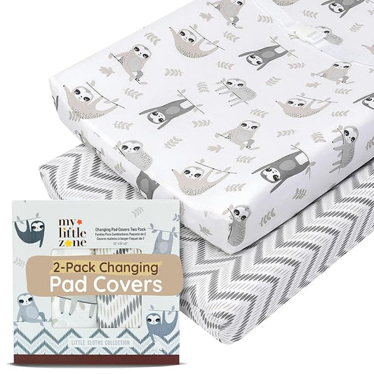 Baby Changing Pad Covers Table Sheet 32" x 16", 8" Deep Pocket - Diaper Changing Pad Cover, 100% Cotton Chevron & Sloth Baby Sheets for Girl & Boy, 2 Pack, Designed in France, White-Grey