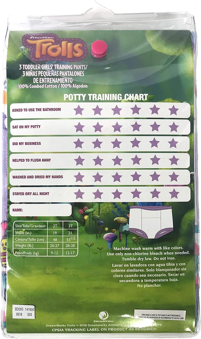 UNIVERSAL Baby Trolls 3 Pack Padded Potty Training Pants With Poppy and Branch Includes Success Chart & Stickers, Sizes 2t, 3t, 4t