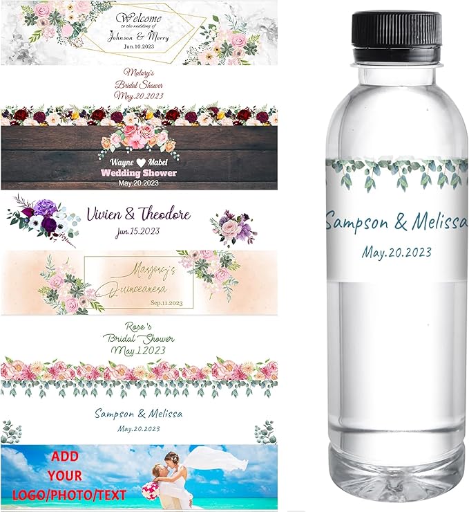 Personalized Water Bottle Labels for Wedding Custom Wedding Labels with Name for Water Bottle Stickers Waterproof Printable Photo Bottle Labels Bridal Shower Gifts 50 Pcs