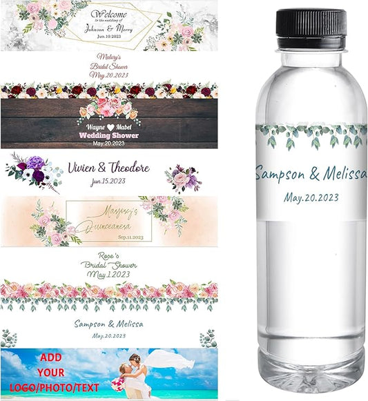Personalized Water Bottle Labels for Wedding Custom Wedding Labels with Name for Water Bottle Stickers Waterproof Printable Photo Bottle Labels Bridal Shower Gifts 50 Pcs