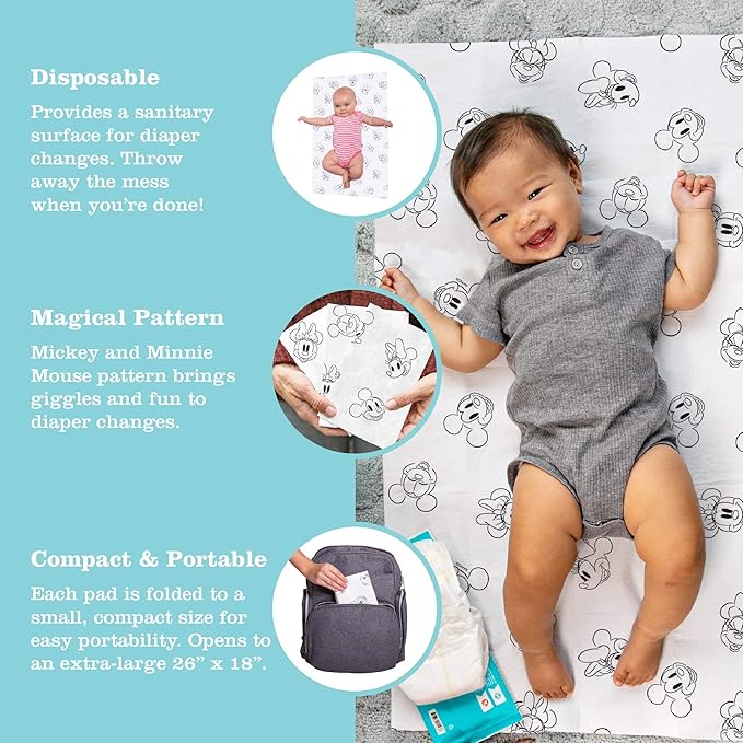 Disney Baby by J.L. Childress Disposable Changing Pads for Babies - Diaper Changing Table Covers, Baby Travel Essentials, Absorbent Liner Pads, Leak-Resistant, 26"x18"- Mickey & Minnie Mouse, 24 Count